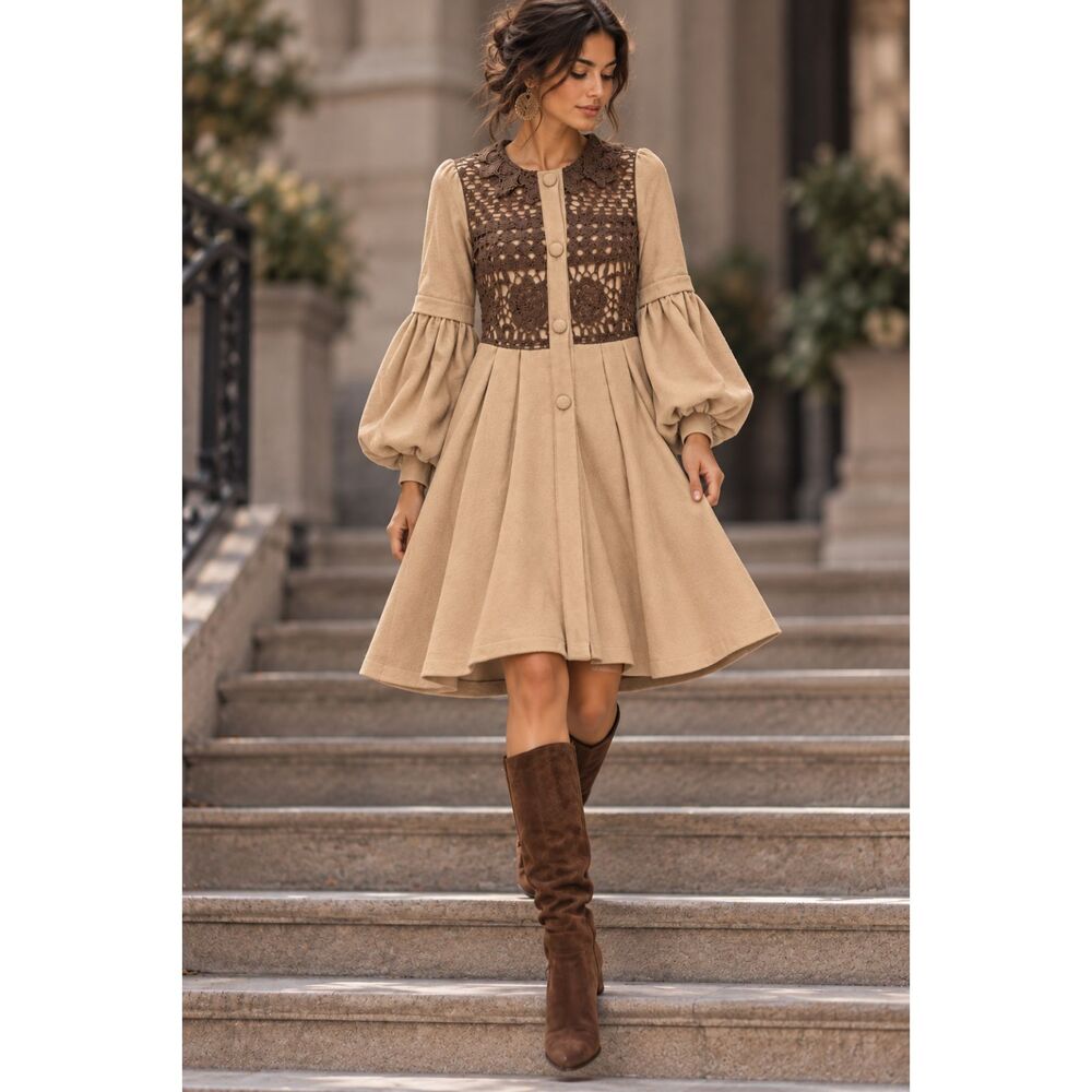 Anthropology Ryu Crochet Lace Panel Cottagecore Camel And Brown Coat Size Large